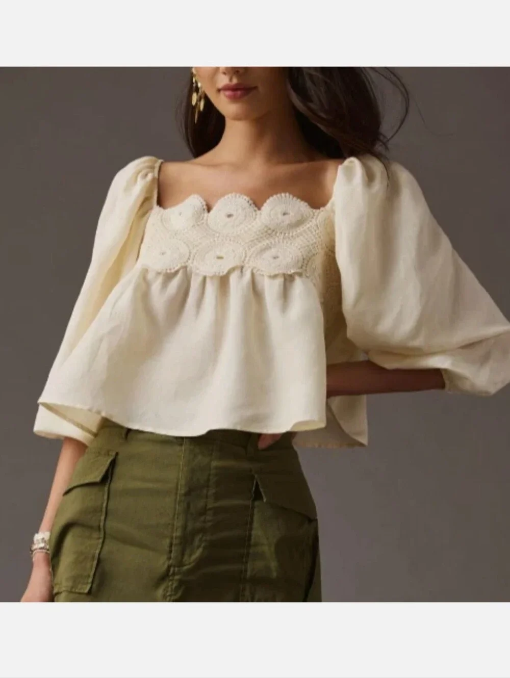 Anthropologie Cream Crochet Yoke Puff Sleeve Blouse